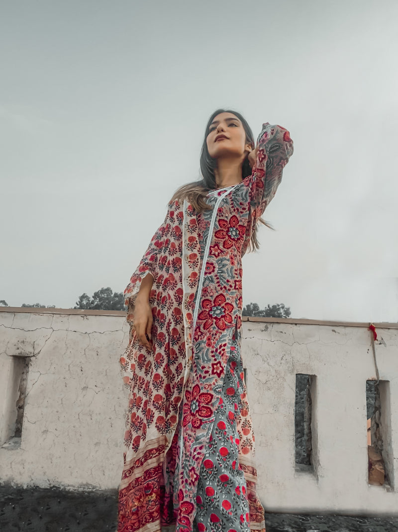 Red Blossom Lace Detailed Handblock Suit set
