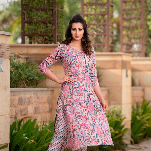 Straight Fit Beige Handblock Print Individual Kurta