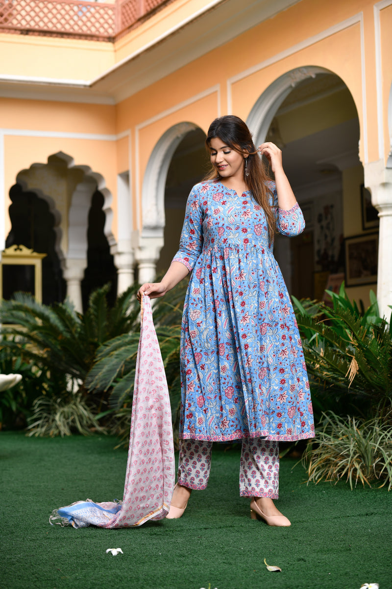 Beautiful Baby Blue Gather Cotton Handblock Suit Set With Chanderi Silk Dupatta