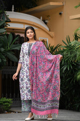 Tricolor Floral Handblock Cotton Gota Work Suit Set