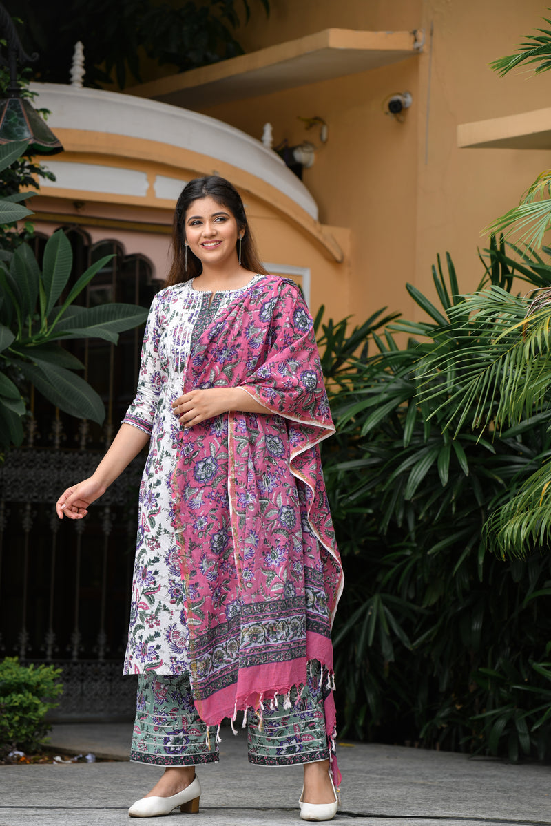 Tricolor Floral Handblock Cotton Gota Work Suit Set