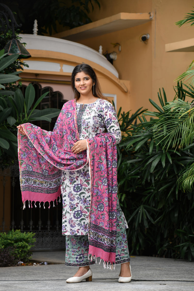 Tricolor Floral Handblock Cotton Gota Work Suit Set