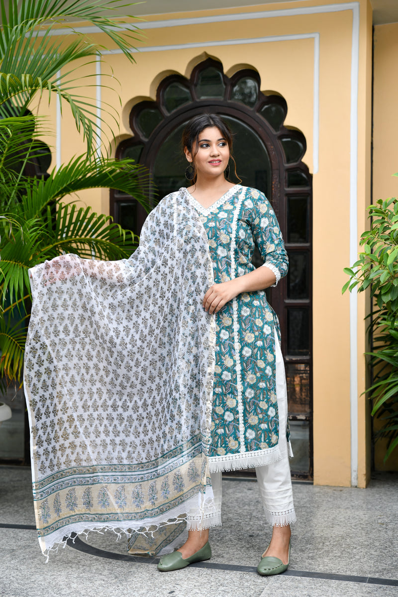 Sea Green Handblock Suit Set With Fringe Detail And Kotadoria Dupatta