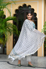 Sea Green Handblock Suit Set With Fringe Detail And Kotadoria Dupatta