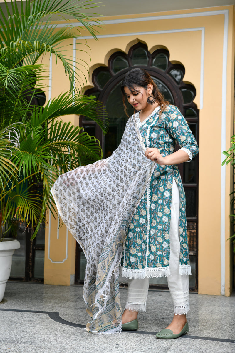 Sea Green Handblock Suit Set With Fringe Detail And Kotadoria Dupatta