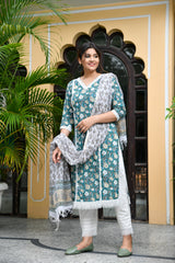 Sea Green Handblock Suit Set With Fringe Detail And Kotadoria Dupatta