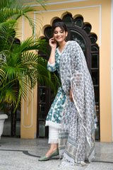 Sea Green Handblock Suit Set With Fringe Detail And Kotadoria Dupatta