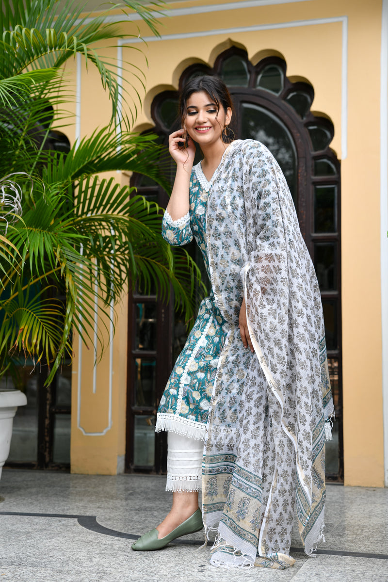 Sea Green Handblock Suit Set With Fringe Detail And Kotadoria Dupatta