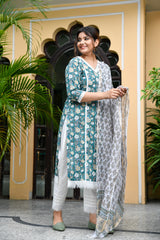 Sea Green Handblock Suit Set With Fringe Detail And Kotadoria Dupatta