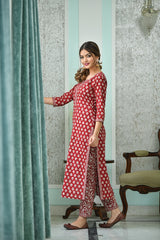 Red Surprise Handblock Straight Fit Suit Set