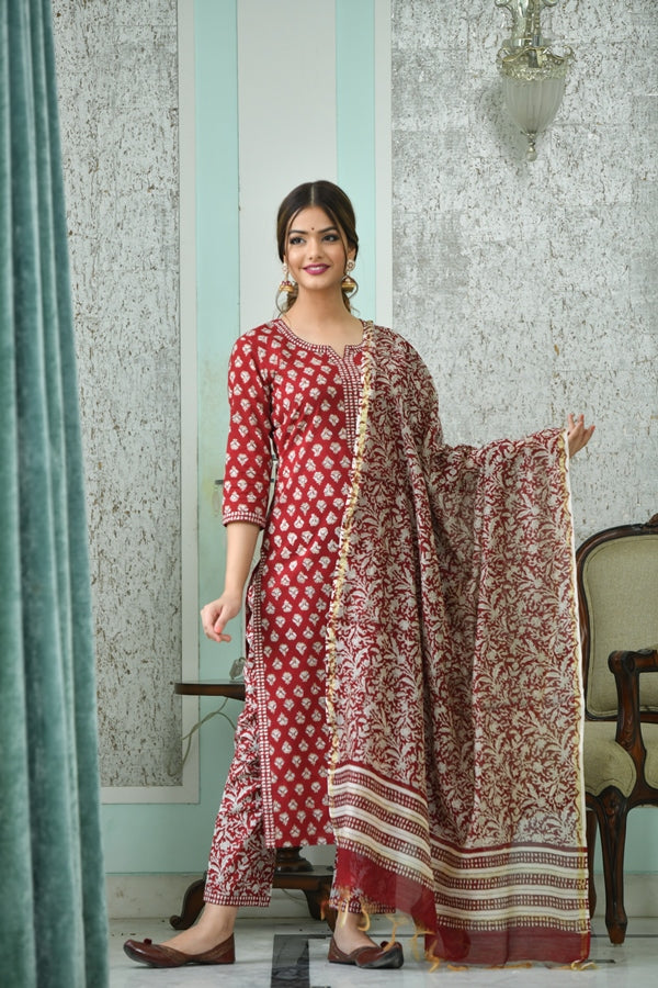 Red sales printed suit