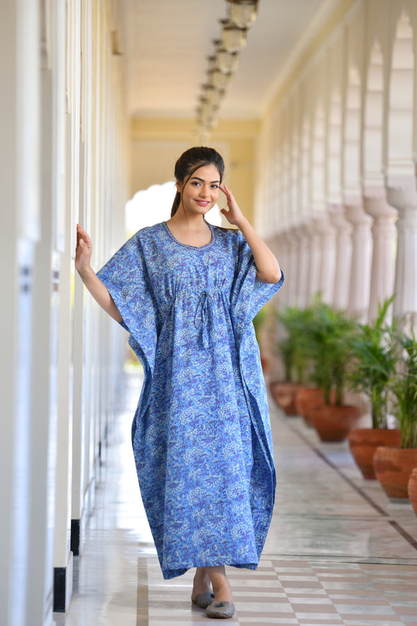 Mesmerizing Blue Handblock Printed Cotton Kaftan