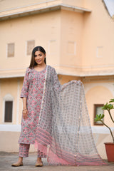 PINKISH FLORAL HANDBLOCK KOTADORIYA DUPATTA SUIT SET