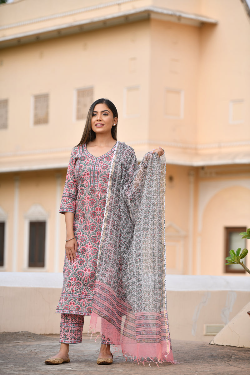 PINKISH FLORAL HANDBLOCK KOTADORIYA DUPATTA SUIT SET