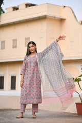 PINKISH FLORAL HANDBLOCK KOTADORIYA DUPATTA SUIT SET