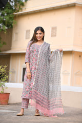 PINKISH FLORAL HANDBLOCK KOTADORIYA DUPATTA SUIT SET