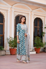 Sea Green Kotadoriya Dupatta Handblock Suit Set