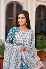 Sea Green Kotadoriya Dupatta Handblock Suit Set