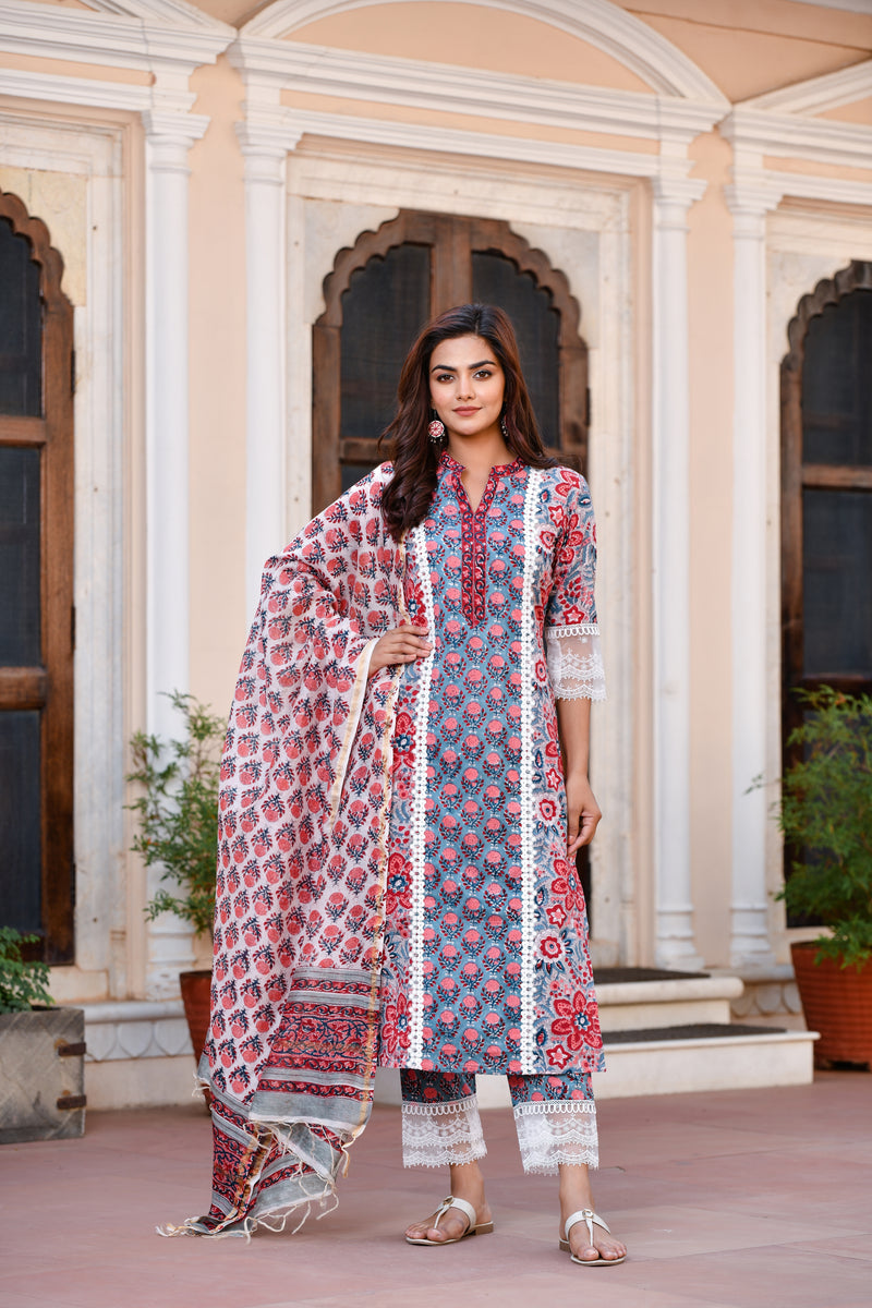 Red Blossoms Lace Handblock with chanderi duptta Suit Set