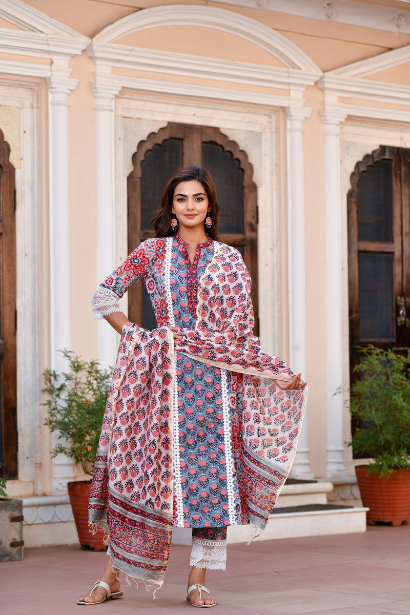 Red Blossoms Lace Handblock with chanderi duptta Suit Set