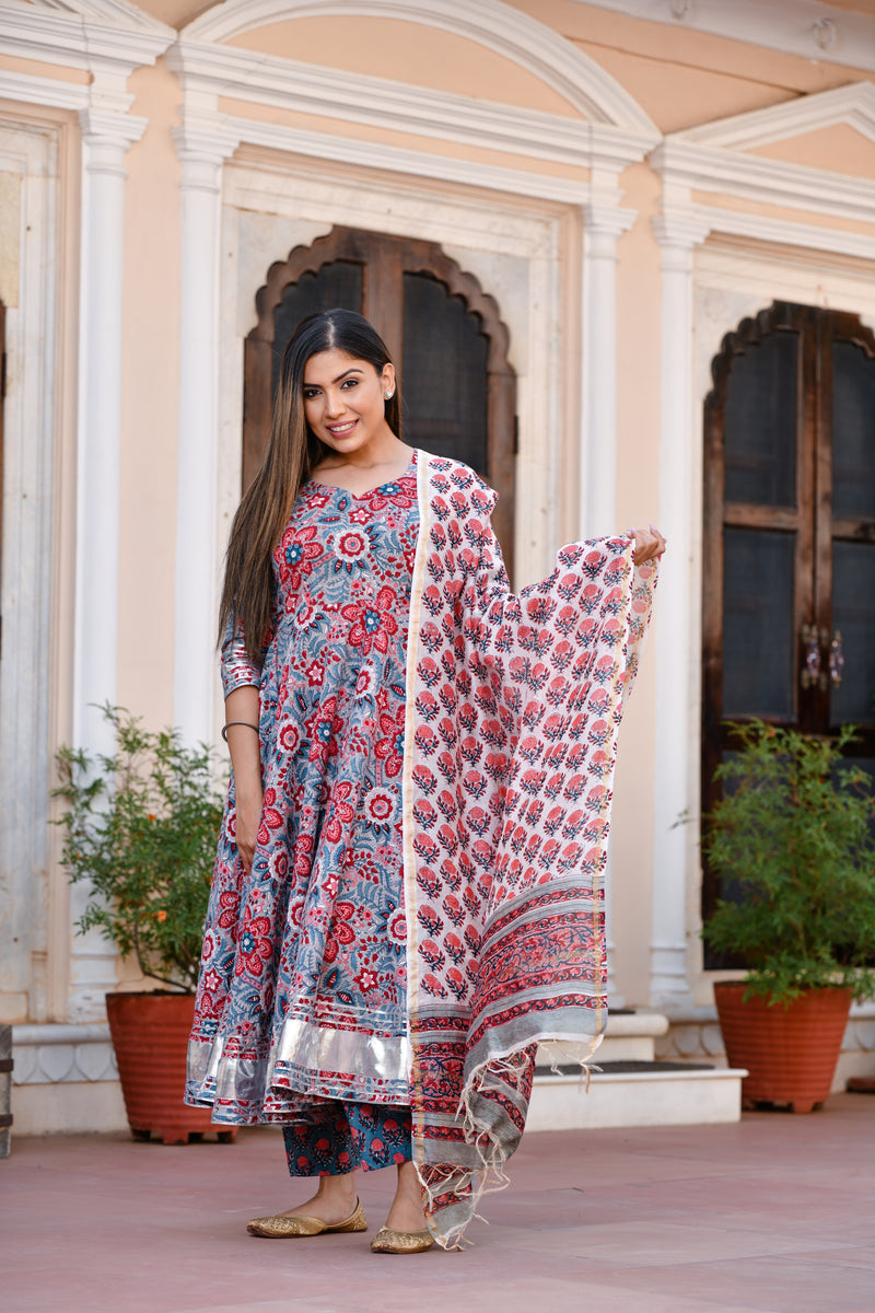 Red Blossom Anarkali Full Gher Suit With Silver Gota Work And Chanderi Silk Dupatta