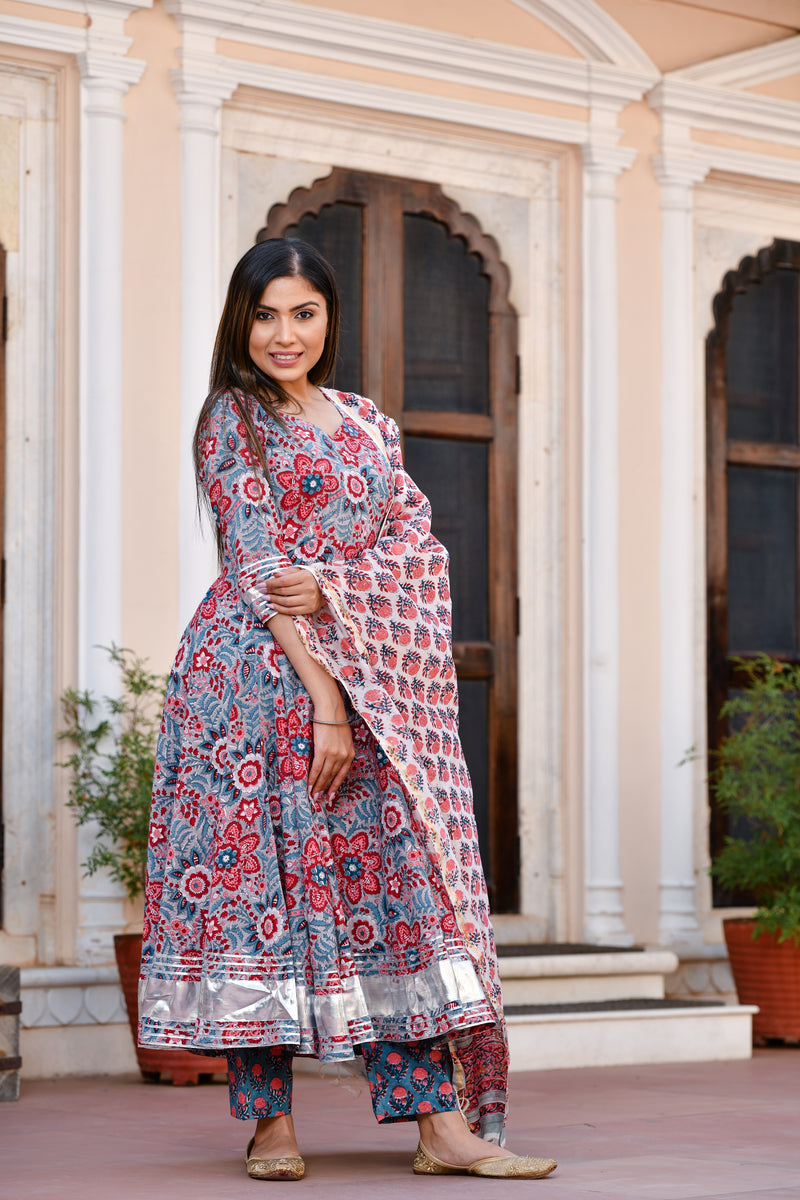 Red Blossom Anarkali Full Gher Suit With Silver Gota Work And Chanderi Silk Dupatta