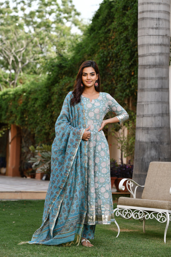 Misty Green And Blue Handblock Gher Suit With Chanderi Silk Dupatta