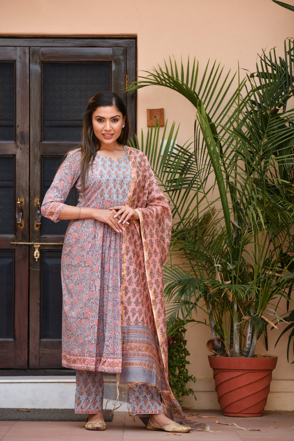 Bluish Grey with Contrast Pink Floral Handblock Anarkali Style Suit With Chanderi Silk Dupatta