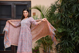 Bluish Grey with Contrast Pink Floral Handblock Anarkali Style Suit With Chanderi Silk Dupatta