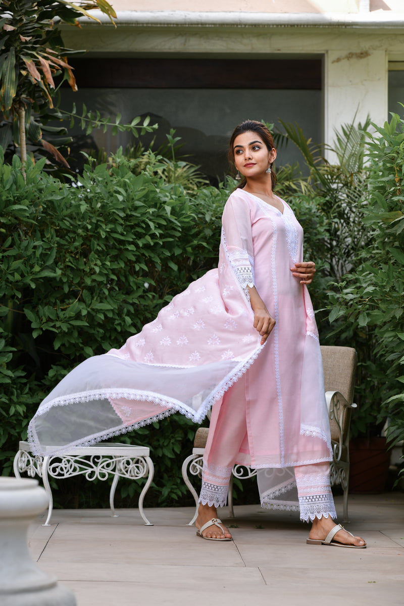 Pinkish Lace Embroidered Silk Suit Set