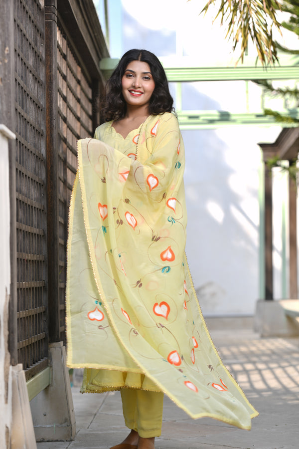 Yellow Suit-Classic Umberlla Gher Handpainted Silk Suit Set With Gota Detail