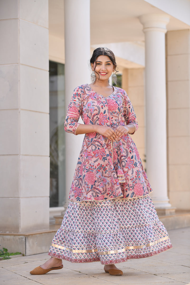 Beautiful beige Gota and Tassel detail Handblock Sharara Set