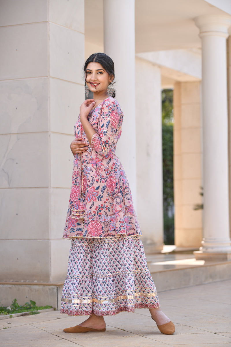 Beautiful beige Gota and Tassel detail Handblock Sharara Set