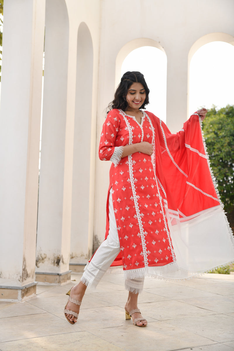 Red Rose White Lace Silk Suit Set