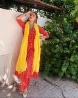 Festival favourite Red Bandhej Set with Yellow Gota work Dupatta