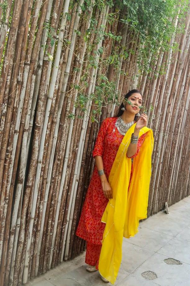 Festival favourite Red Bandhej Set with Yellow Gota work Dupatta
