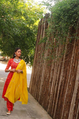 Festival favourite Red Bandhej Set with Yellow Gota work Dupatta