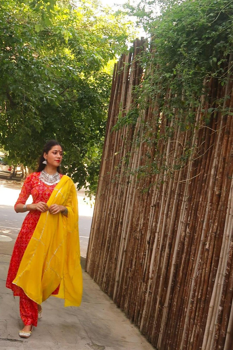 Festival favourite Red Bandhej Set with Yellow Gota work Dupatta