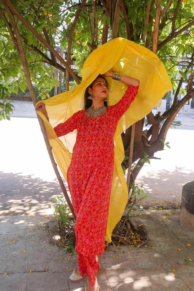 Festival favourite Red Bandhej Set with Yellow Gota work Dupatta