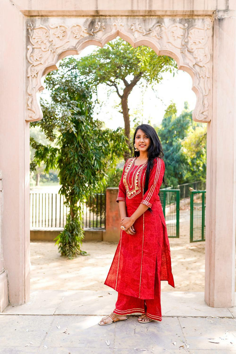 Red Festive edit Self Print Kurta and Palazzo set in Gota work