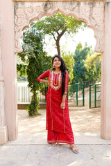 Red Festive edit Self Print Kurta and Palazzo set in Gota work