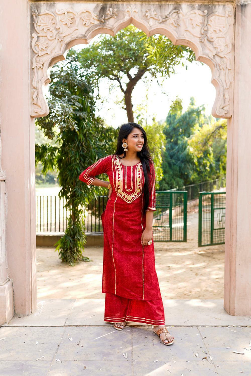 Red Festive edit Self Print Kurta and Palazzo set in Gota work