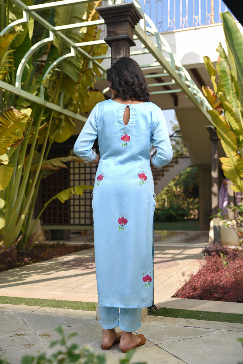 Beauty In Blue Straight Fit Gota work Handpainted Women Silk Suit Set
