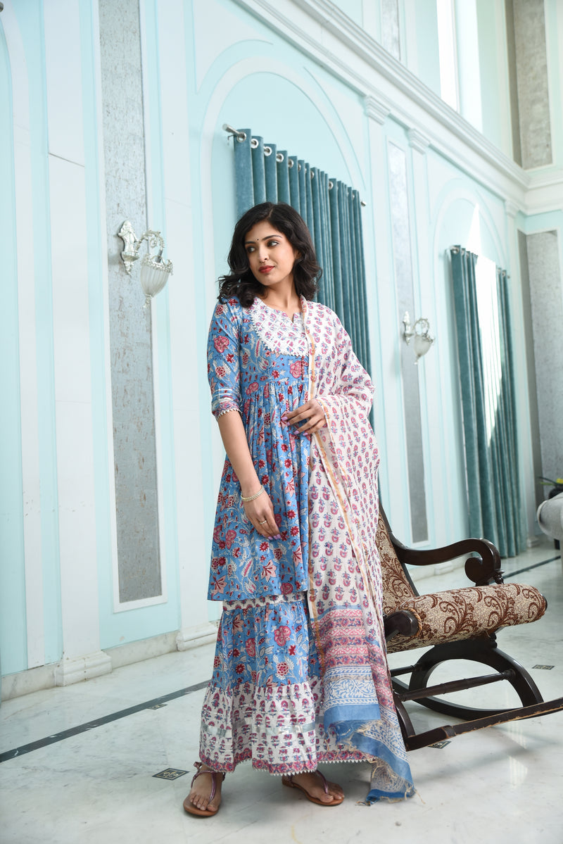 Summer Vibes Baby Blue Handblock Sharara Set With Chanderi Silk Dupatta