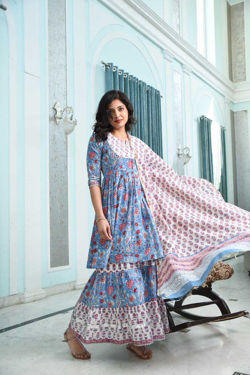 Summer Vibes Baby Blue Handblock Sharara Set With Chanderi Silk Dupatta