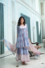 Summer Vibes Baby Blue Handblock Sharara Set With Chanderi Silk Dupatta