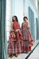 Mesmerising Maroon Pure Handblock Sharara Set With Gota Work