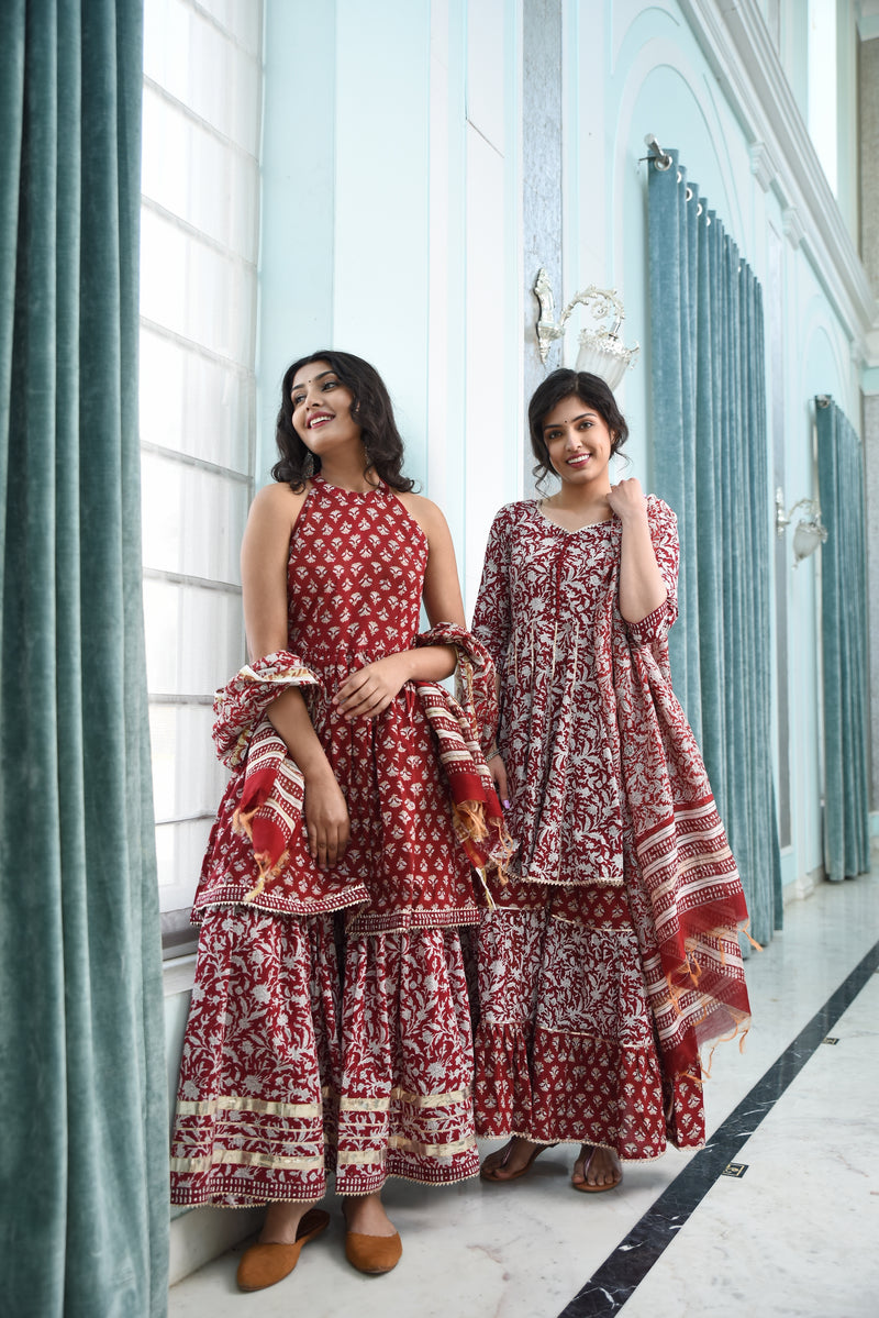 Mesmerising Maroon Pure Handblock Sharara Set With Gota Work
