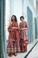 Mesmerising Maroon Pure Handblock Sharara Set With Gota Work