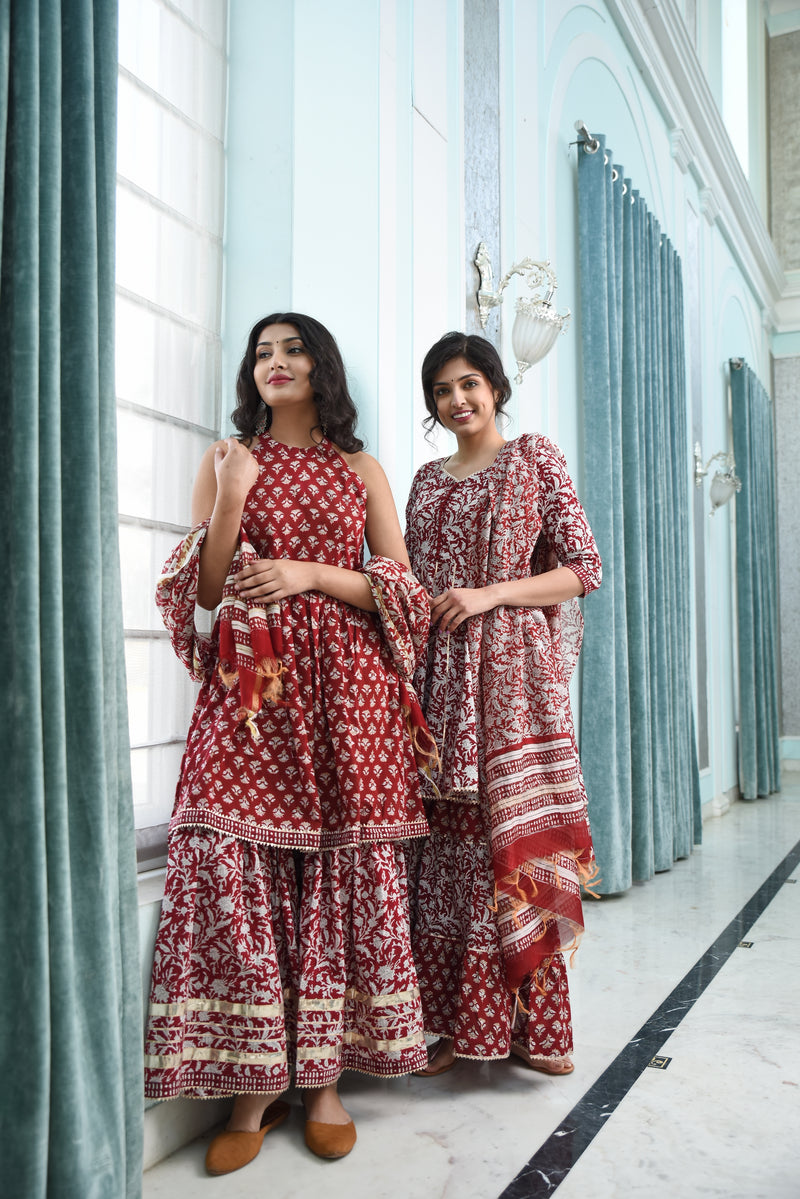Mesmerising Maroon Pure Handblock Sharara Set With Gota Work